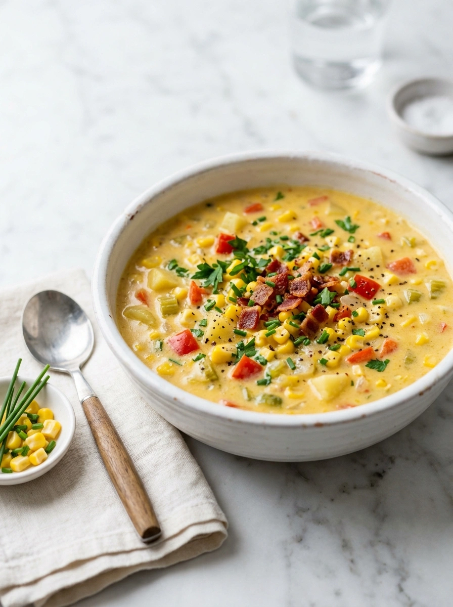 Hearty Creamy Corn Chowder Slow Cooker Recipe | Cozy Fall Family Bowl