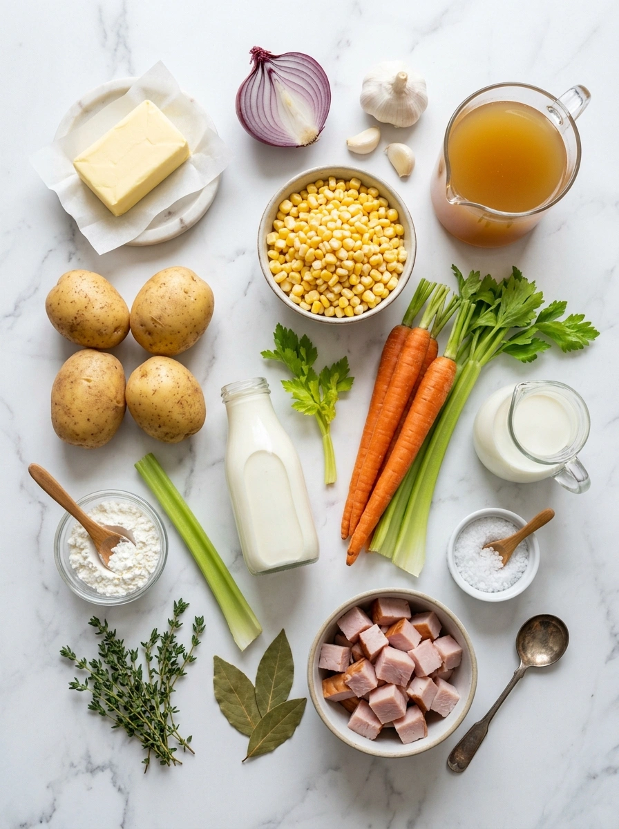 Ingredients for creamy hearty slow cooker corn chowder