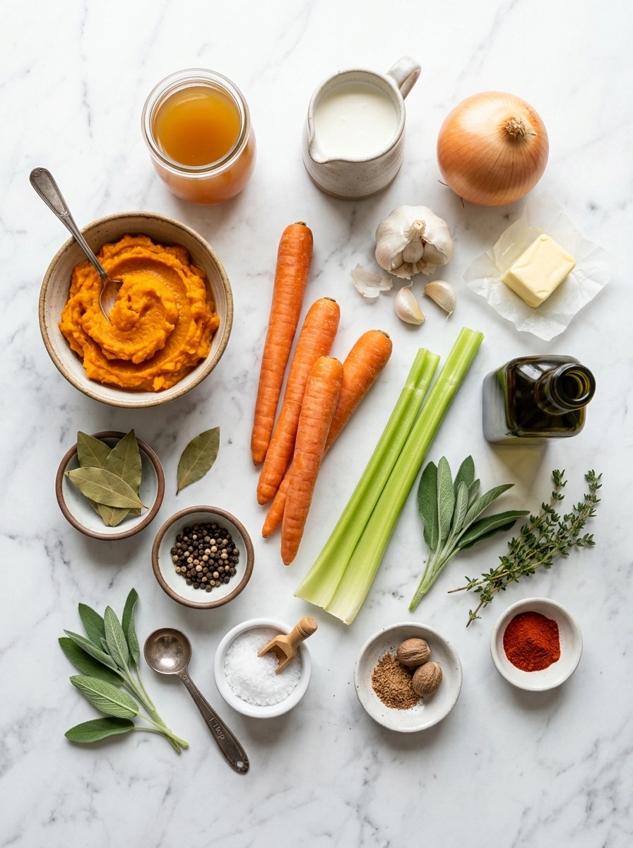 Ingredients for creamy hearty slow cooker pumpkin soup