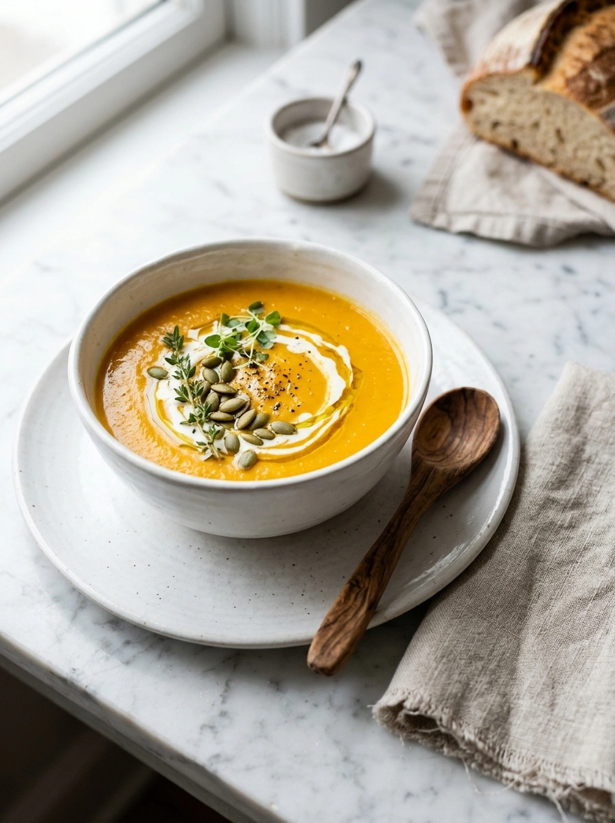 creamy hearty slow cooker butternut soup ready to serve