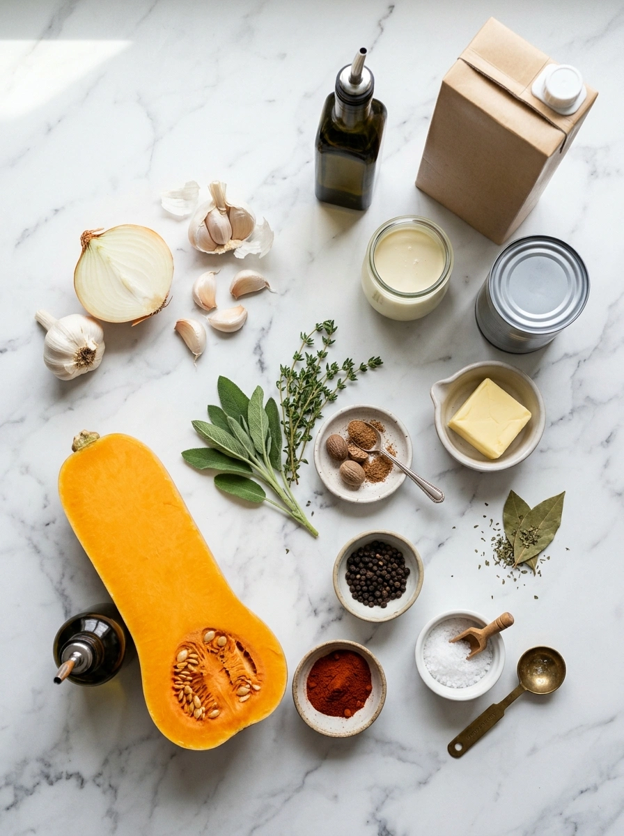 Ingredients for creamy hearty slow cooker butternut soup