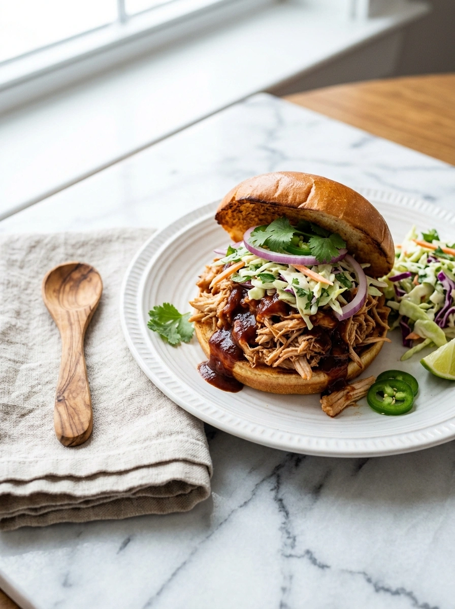 smoky slow cooker BBQ pulled chicken ready to serve