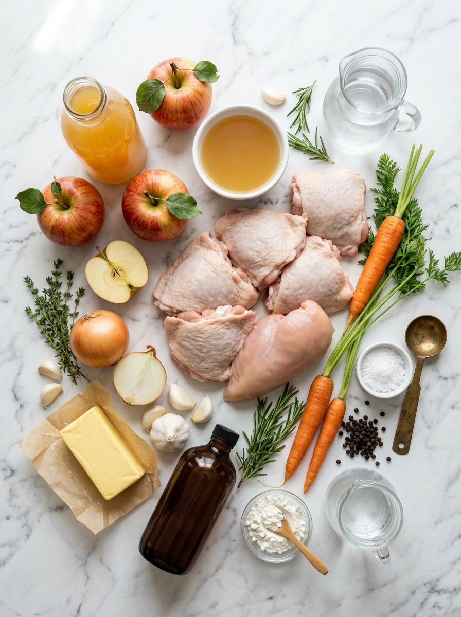 Ingredients for cozy slow cooker apple cider chicken