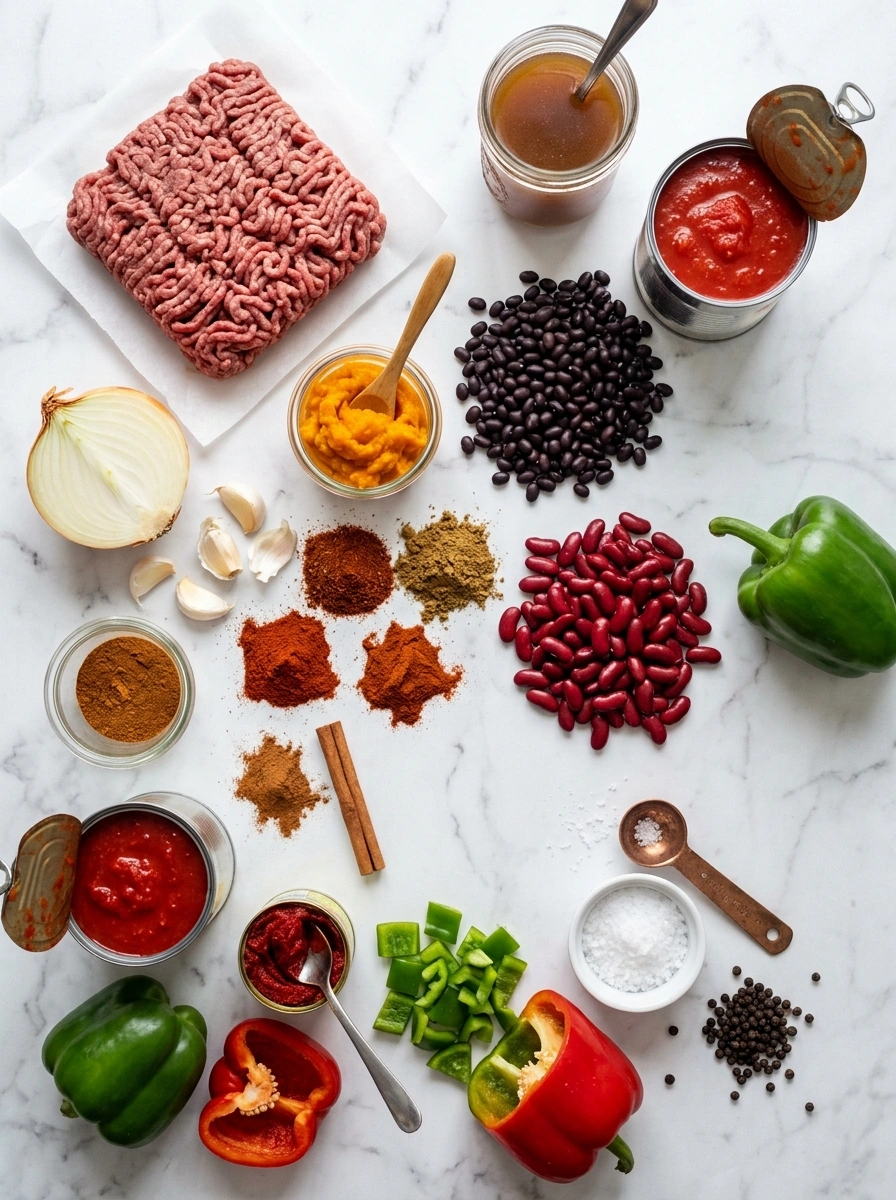Ingredients for cozy slow cooker pumpkin chili
