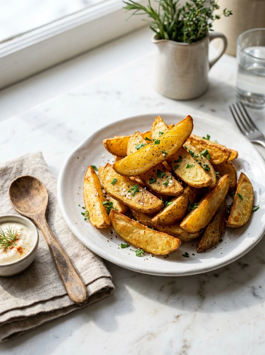 crispy golden air fryer potato wedges ready to serve