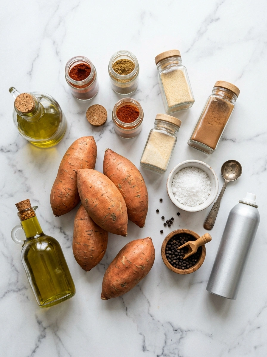 Ingredients for crispy golden air fryer sweet potato fries