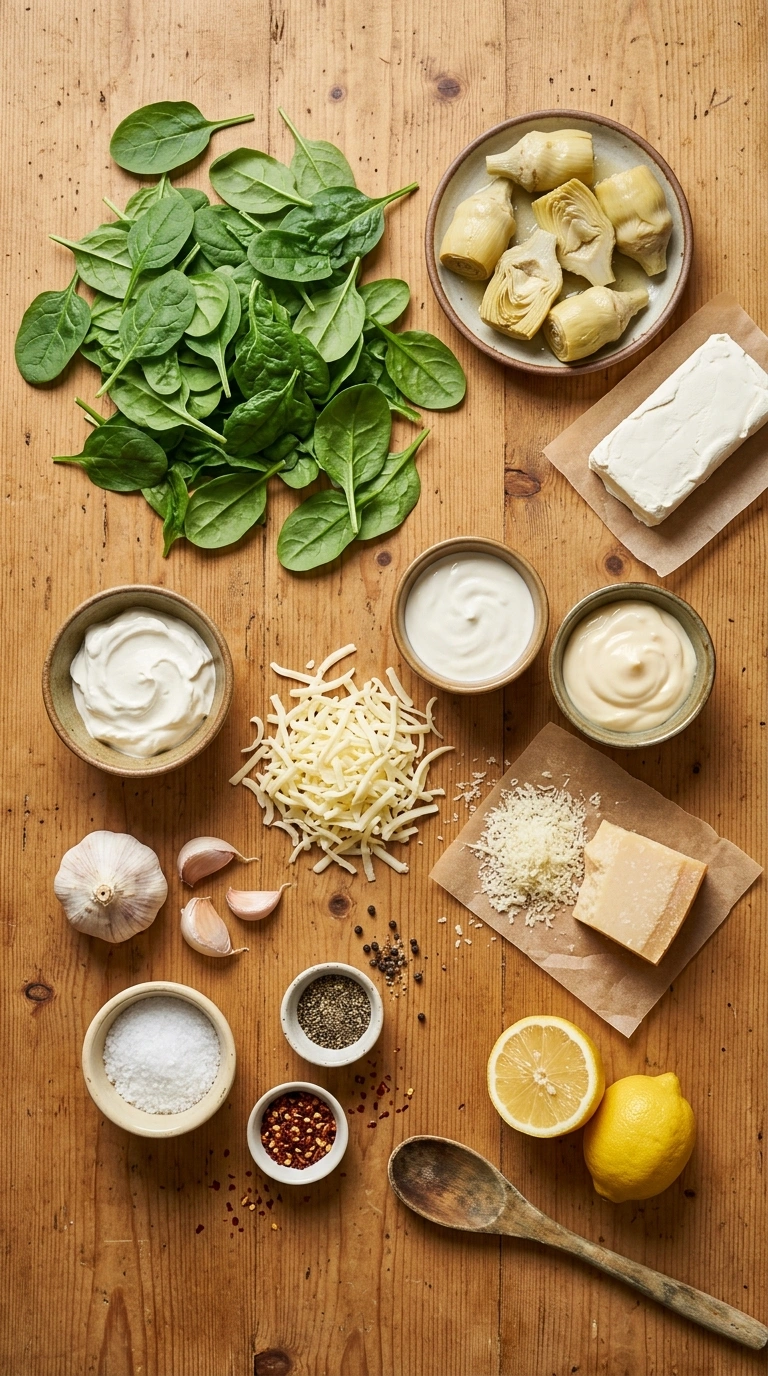 Ingredients for spinach artichoke dip