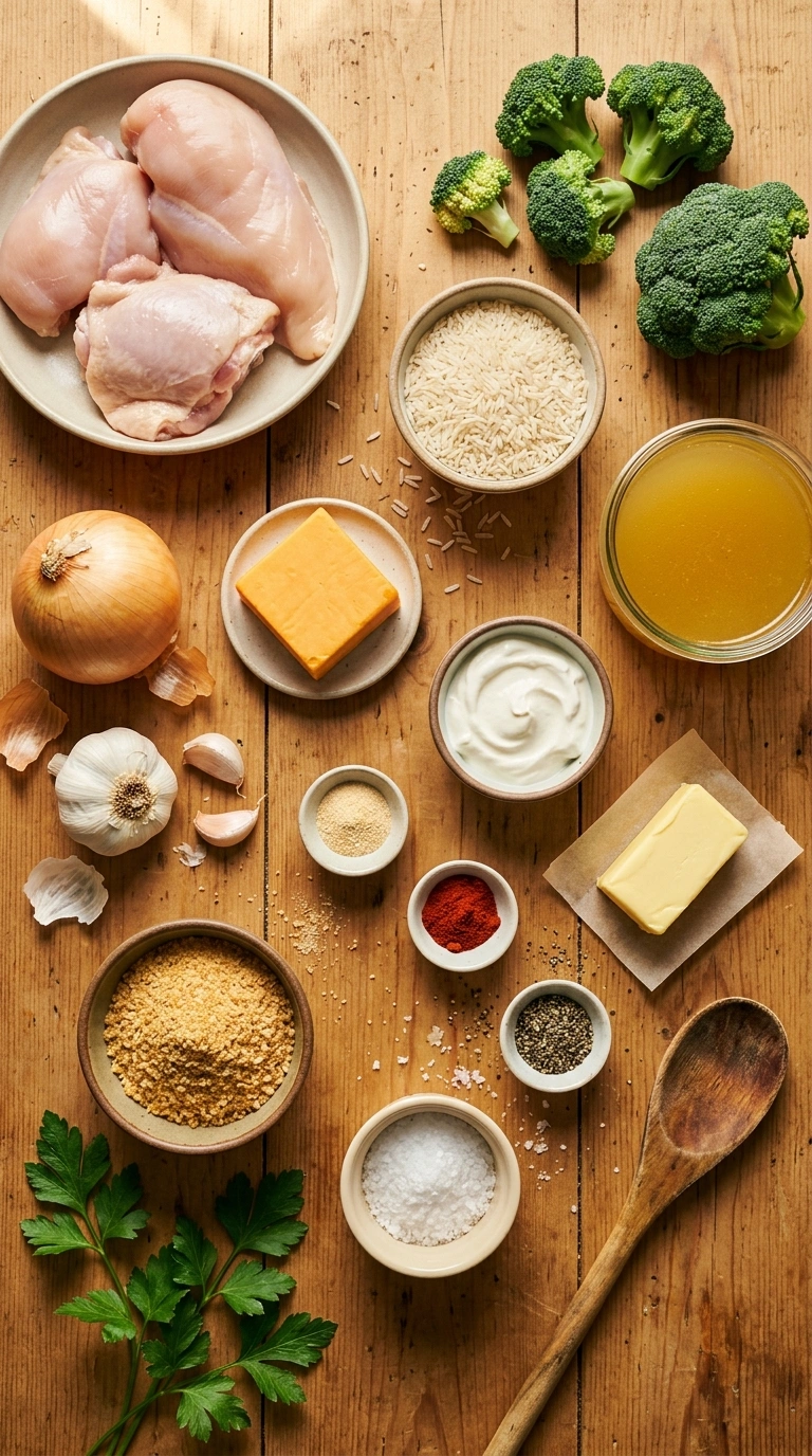 Ingredients for chicken broccoli rice casserole