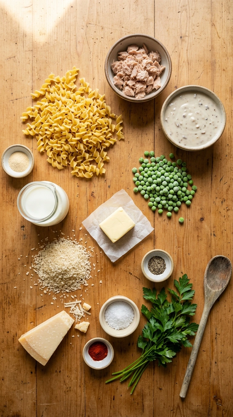 Ingredients for tuna noodle casserole