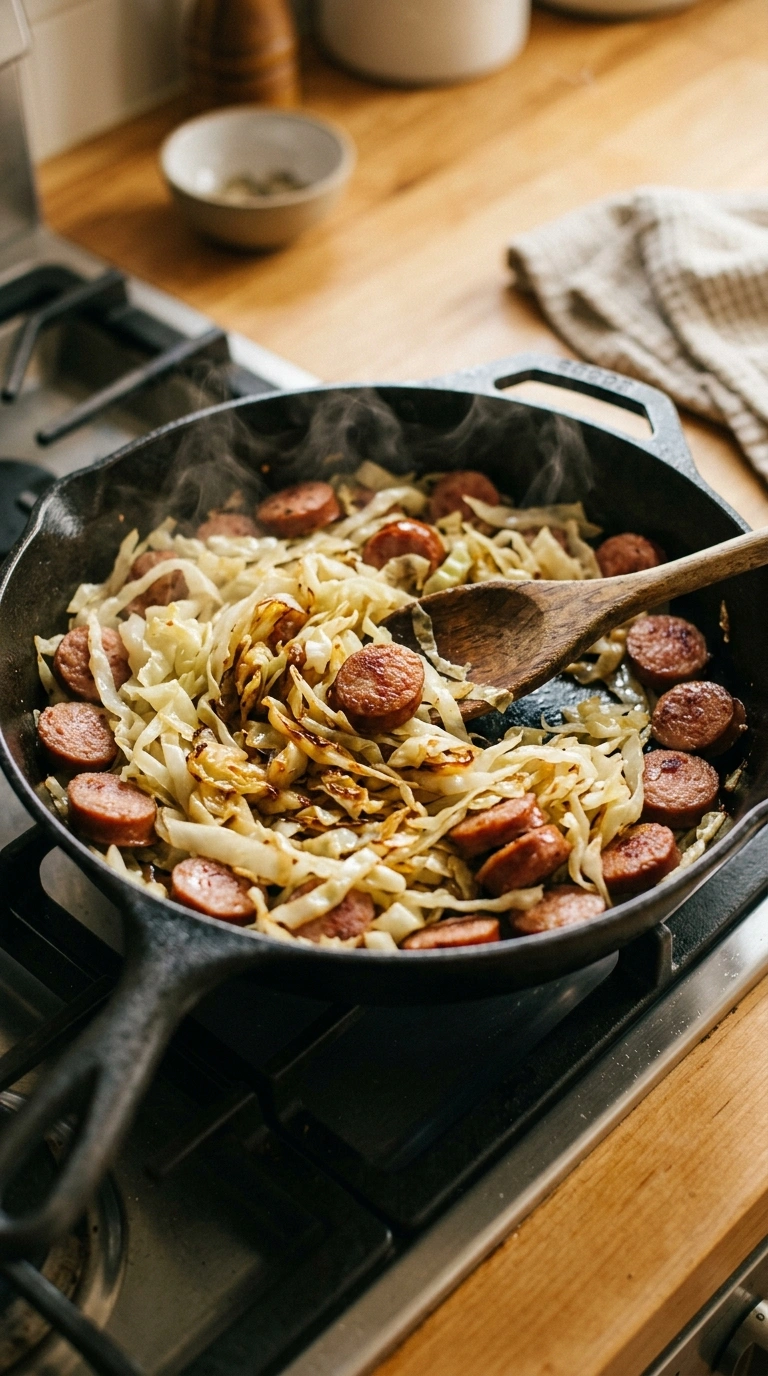 Cooking instructions for fried cabbage and sausage