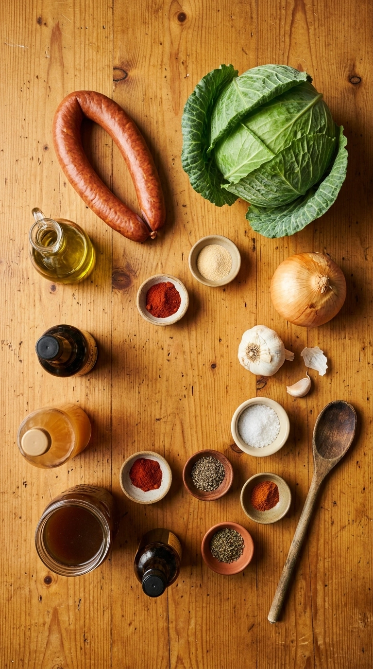 Ingredients for fried cabbage and sausage