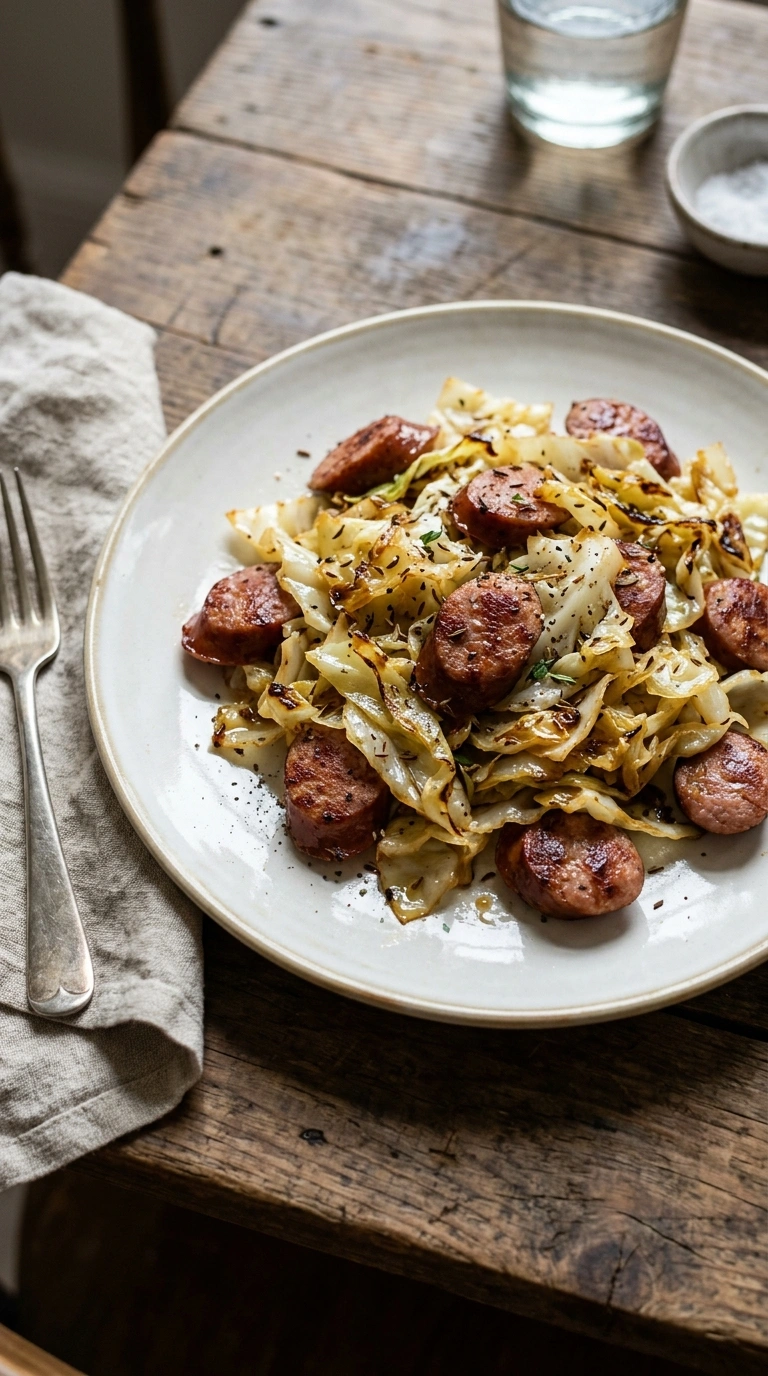 fried cabbage and sausage ready to serve